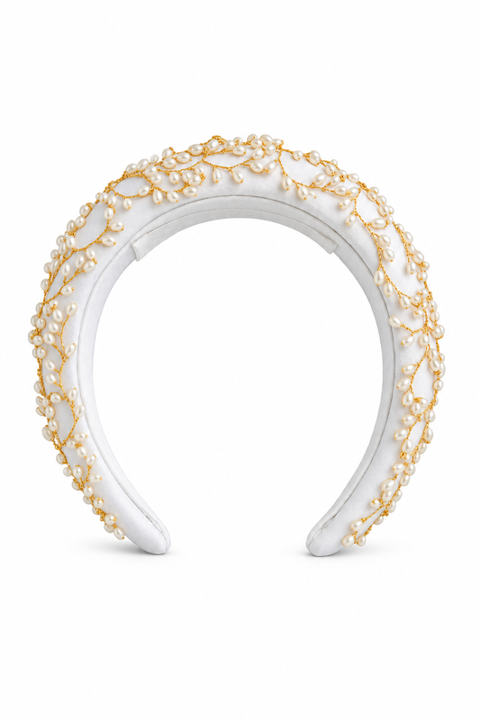 Lily Crescent Headdress – Luxury Bridal Headband, Wedding Hair Accessory & Statement Fashion Millinery in cultured freshwater pearls, gold-plated wirework, sterling silver wirework | Luxury Bridal, Wedding, Gift & Fashion Accessory Handmade in England by Hermione Harbutt (Editorial Model & Styling View)
