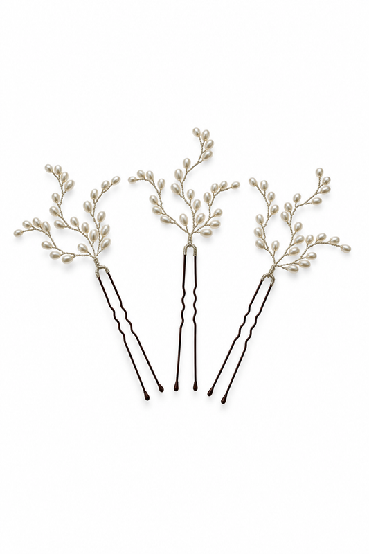 Lily Hairpins – Couture Bridal Hair Comb, Wedding Hair Clip & Luxury Gift in cultured freshwater pearls, gold-plated wirework, sterling silver wirework | Luxury Bridal, Wedding, Gift & Fashion Accessory Handmade in England by Hermione Harbutt (Editorial Model & Styling View)