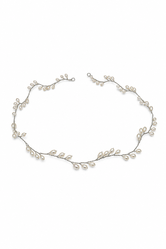 Lily Hairvine – Luxury Bridal Headband, Wedding Hair Accessory & Statement Fashion Millinery in cultured freshwater pearls, gold-plated wirework, sterling silver wirework | Luxury Bridal, Wedding, Gift & Fashion Accessory Handmade in England by Hermione Harbutt (Editorial Model & Styling View)