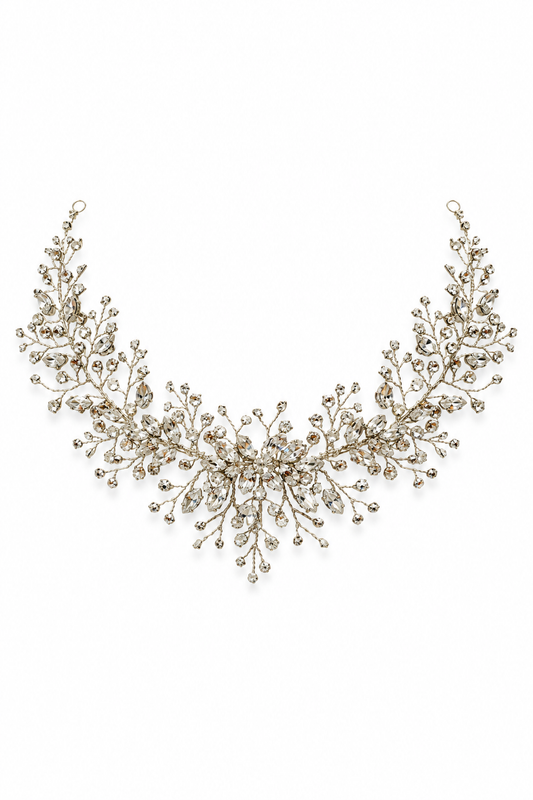 Luminance Headpiece – Luxury Bridal Headband, Wedding Hair Accessory & Statement Fashion Millinery in Swarovski crystals, sterling silver wirework | Luxury Bridal, Wedding, Gift & Fashion Accessory Handmade in England by Hermione Harbutt (Editorial Model & Styling View)
