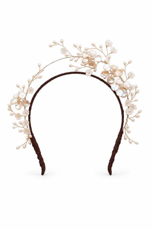 Lyra Halo – Luxury Bridal Headband, Wedding Hair Accessory & Statement Fashion Millinery in cultured freshwater pearls, carved mother of pearl, Swarovski crystals | Luxury Bridal, Wedding, Gift & Fashion Accessory Handmade in England by Hermione Harbutt (Editorial Model & Styling View)