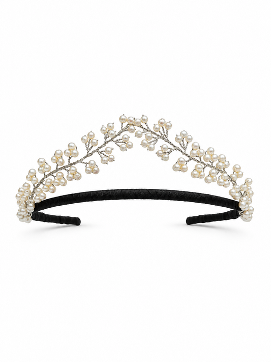 Maiden Pearl Tiara – Couture Bridal Crown, Wedding Tiara & Fashion Headpiece in cultured freshwater pearls, pure silk | Luxury Bridal, Wedding, Gift & Fashion Accessory Handmade in England by Hermione Harbutt (Editorial Model & Styling View)