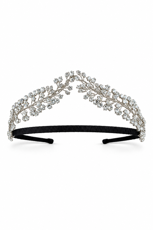 Maiden Tiara – Couture Bridal Crown, Wedding Tiara & Fashion Headpiece in Swarovski crystals, sterling silver wirework, pure silk | Luxury Bridal, Wedding, Gift & Fashion Accessory Handmade in England by Hermione Harbutt (Editorial Model & Styling View)
