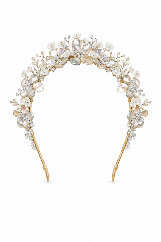 Meadow Rose Headdress – Luxury Bridal Headband, Wedding Hair Accessory & Statement Fashion Millinery in cultured freshwater pearls, carved mother of pearl, Swarovski crystals | Luxury Bridal, Wedding, Gift & Fashion Accessory Handmade in England by Hermione Harbutt (Editorial Model & Styling View)