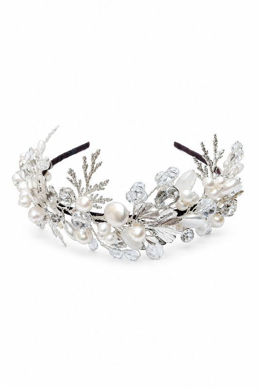 Narnia Headdress – Luxury Bridal Headband, Wedding Hair Accessory & Statement Fashion Millinery in cultured freshwater pearls, Swarovski crystals, sterling silver wirework | Luxury Bridal, Wedding, Gift & Fashion Accessory Handmade in England by Hermione Harbutt (Editorial Model & Styling View)