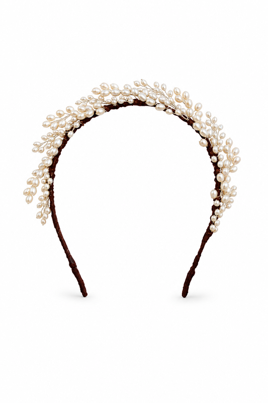 Olympia Headdress – Luxury Bridal Headband, Wedding Hair Accessory & Statement Fashion Millinery in cultured freshwater pearls, pure silk | Luxury Bridal, Wedding, Gift & Fashion Accessory Handmade in England by Hermione Harbutt (Editorial Model & Styling View)