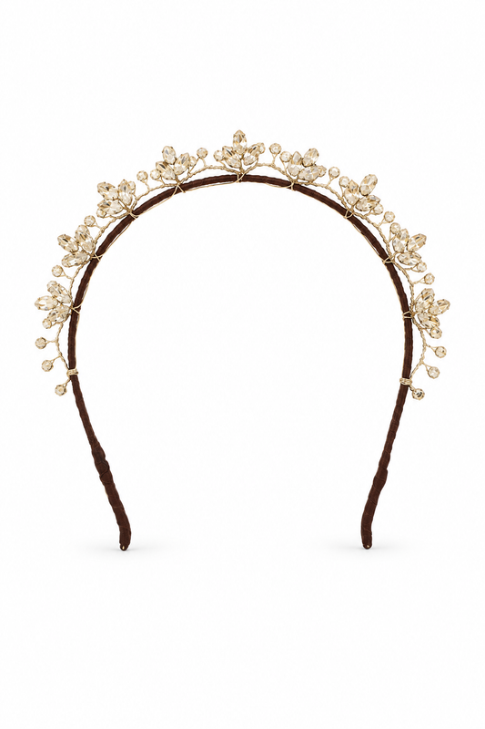 Radiance Halo – Luxury Bridal Headband, Wedding Hair Accessory & Statement Fashion Millinery in Swarovski crystals, sterling silver wirework, pure silk | Luxury Bridal, Wedding, Gift & Fashion Accessory Handmade in England by Hermione Harbutt (Editorial Model & Styling View)