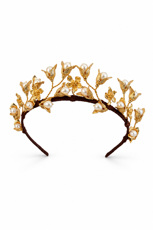 Reign Crown – Couture Bridal Crown, Wedding Tiara & Fashion Headpiece in cultured freshwater pearls, Swarovski crystals, gold-plated wirework | Luxury Bridal, Wedding, Gift & Fashion Accessory Handmade in England by Hermione Harbutt (Editorial Model & Styling View)
