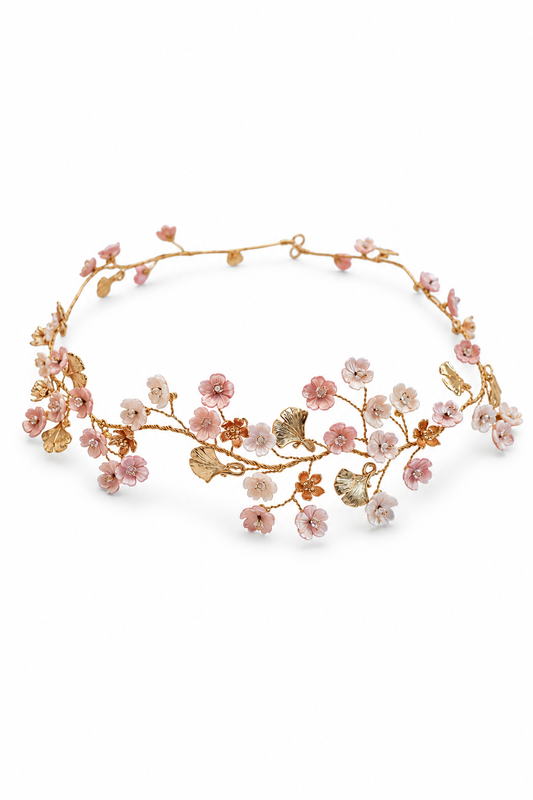 Sakura Garland – Couture Bridal Hair Comb, Wedding Hair Clip & Luxury Gift in cultured freshwater pearls, carved mother of pearl, Swarovski crystals | Luxury Bridal, Wedding, Gift & Fashion Accessory Handmade in England by Hermione Harbutt (Editorial Model & Styling View)