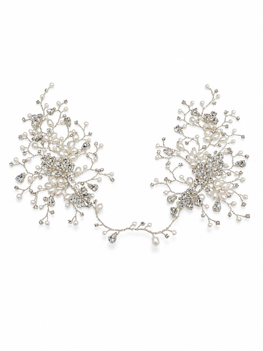Savoy Headdress – Luxury Bridal Headband, Wedding Hair Accessory & Statement Fashion Millinery in cultured freshwater pearls, Swarovski crystals, sterling silver wirework | Luxury Bridal, Wedding, Gift & Fashion Accessory Handmade in England by Hermione Harbutt (Editorial Model & Styling View)