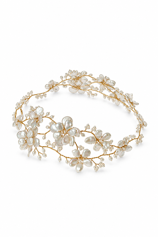 Seraphine – Luxury Bridal Headband, Wedding Hair Accessory & Statement Fashion Millinery in cultured freshwater pearls, gold-plated wirework | Luxury Bridal, Wedding, Gift & Fashion Accessory Handmade in England by Hermione Harbutt (Editorial Model & Styling View)