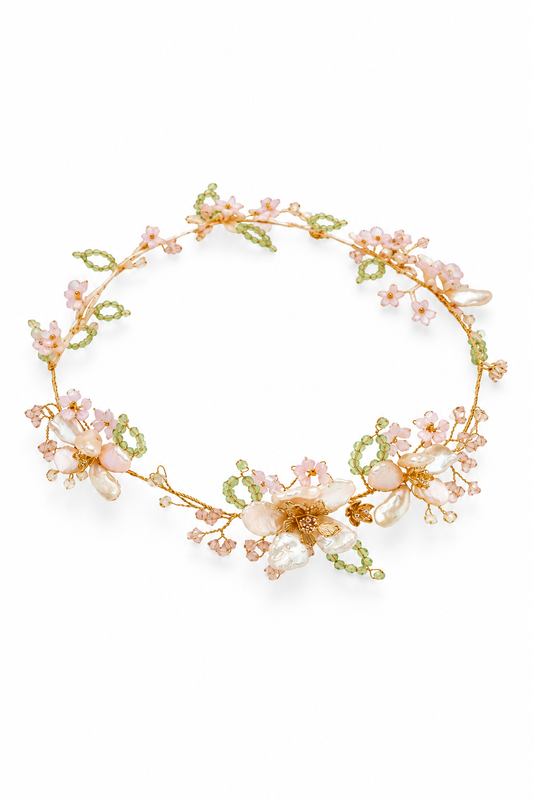 Spring Garden Garland – Luxury Bridal Headband, Wedding Hair Accessory & Statement Fashion Millinery in cultured freshwater pearls, Swarovski crystals, gold-plated wirework | Luxury Bridal, Wedding, Gift & Fashion Accessory Handmade in England by Hermione Harbutt (Editorial Model & Styling View)