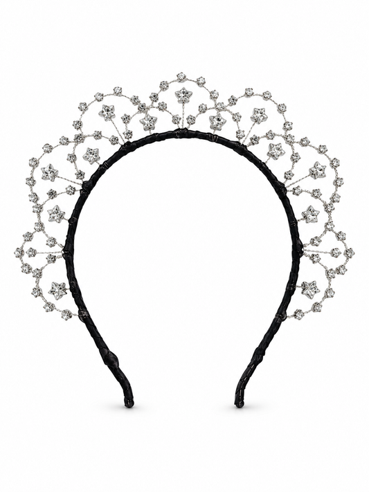 Starlette Grande Halo – Luxury Bridal Headband, Wedding Hair Accessory & Statement Fashion Millinery in Swarovski crystals, sterling silver wirework, pure silk | Luxury Bridal, Wedding, Gift & Fashion Accessory Handmade in England by Hermione Harbutt (Editorial Model & Styling View)