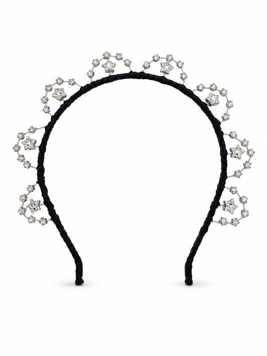 Starlette Halo – Luxury Bridal Headband, Wedding Hair Accessory & Statement Fashion Millinery in Swarovski crystals, sterling silver wirework, pure silk | Luxury Bridal, Wedding, Gift & Fashion Accessory Handmade in England by Hermione Harbutt (Editorial Model & Styling View)