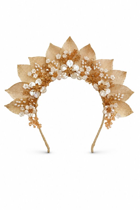 Titania Crown – Couture Bridal Crown, Wedding Tiara & Fashion Headpiece in cultured freshwater pearls, carved mother of pearl, Swarovski crystals | Luxury Bridal, Wedding, Gift & Fashion Accessory Handmade in England by Hermione Harbutt (Editorial Model & Styling View)