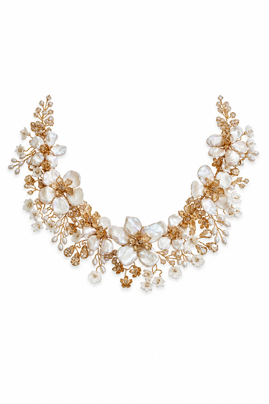Titania Headpiece – Luxury Bridal Headband, Wedding Hair Accessory & Statement Fashion Millinery in cultured freshwater pearls, carved mother of pearl, Swarovski crystals | Luxury Bridal, Wedding, Gift & Fashion Accessory Handmade in England by Hermione Harbutt (Editorial Model & Styling View)