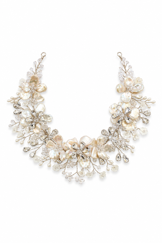 Titania Silver Headpiece – Luxury Bridal Headband, Wedding Hair Accessory & Statement Fashion Millinery in cultured freshwater pearls, Swarovski crystals, sterling silver wirework | Luxury Bridal, Wedding, Gift & Fashion Accessory Handmade in England by Hermione Harbutt (Editorial Model & Styling View)