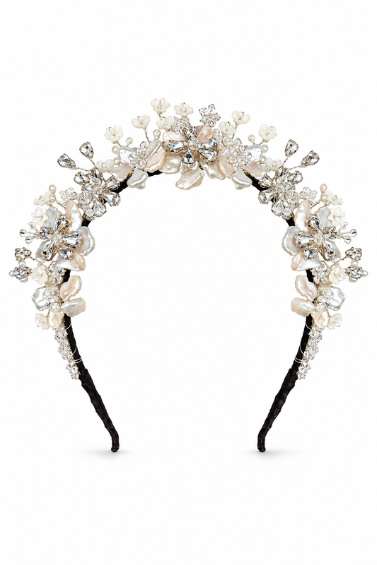 Titania Silver Tiara – Couture Bridal Crown, Wedding Tiara & Fashion Headpiece in cultured freshwater pearls, Swarovski crystals, sterling silver wirework | Luxury Bridal, Wedding, Gift & Fashion Accessory Handmade in England by Hermione Harbutt (Editorial Model & Styling View)