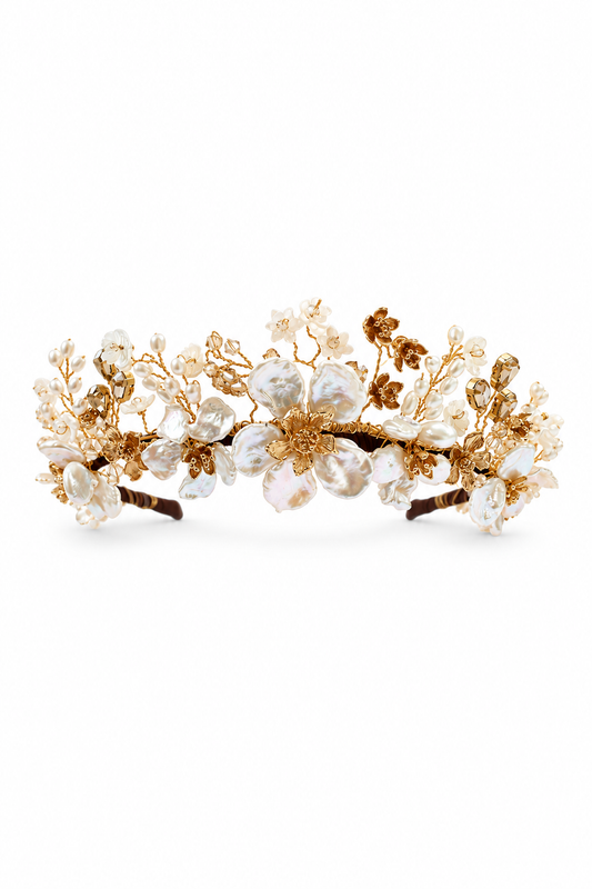 Titania Tiara – Couture Bridal Crown, Wedding Tiara & Fashion Headpiece in cultured freshwater pearls, carved mother of pearl, Swarovski crystals | Luxury Bridal, Wedding, Gift & Fashion Accessory Handmade in England by Hermione Harbutt (Editorial Model & Styling View)
