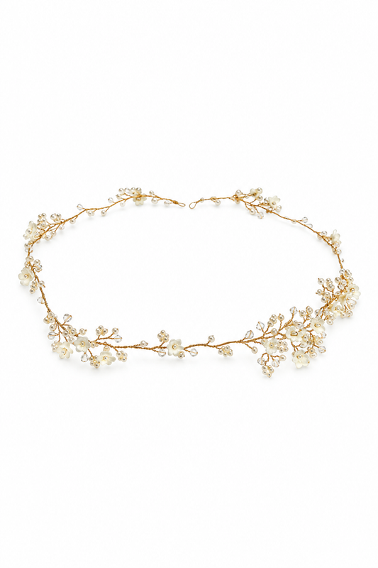 Violette Garland – Couture Bridal Hair Comb, Wedding Hair Clip & Luxury Gift in cultured freshwater pearls, carved mother of pearl, Swarovski crystals | Luxury Bridal, Wedding, Gift & Fashion Accessory Handmade in England by Hermione Harbutt (Editorial Model & Styling View)