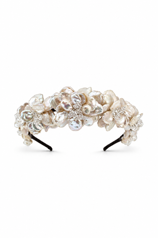 Wild Rose Tiara – Couture Bridal Crown, Wedding Tiara & Fashion Headpiece in cultured freshwater pearls, Swarovski crystals, pure silk | Luxury Bridal, Wedding, Gift & Fashion Accessory Handmade in England by Hermione Harbutt (Editorial Model & Styling View)
